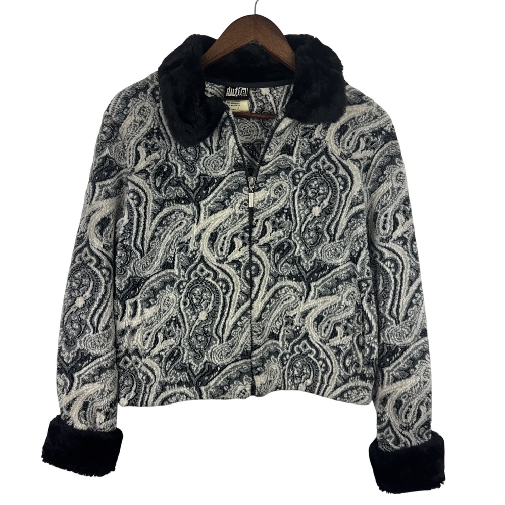 Vintage Duffel Outdoor Jacket Womens Small Black White Paisley Faux Fur Fleece